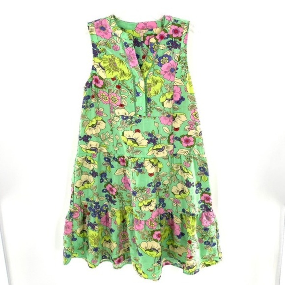 Esqualo‎ Women's Sleeveless Tiered Dress Floral Green Pink Size 6 Bohemian